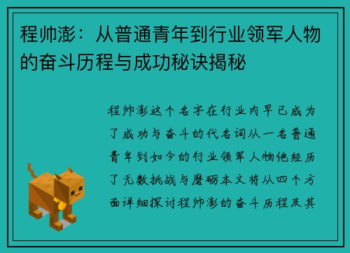 程帅澎：从普通青年到行业领军人物的奋斗历程与成功秘诀揭秘